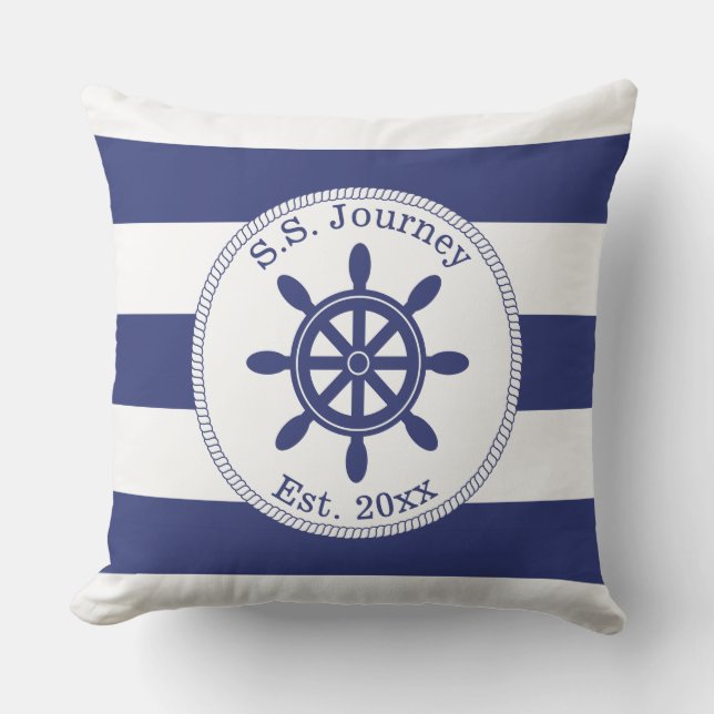 Nautical Captain's Wheel Add Boat Name Outdoor Cushion (Front)