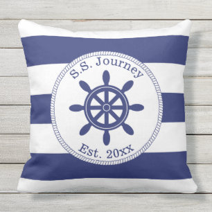 Nautical Captain's Wheel Add Boat Name Outdoor Cushion