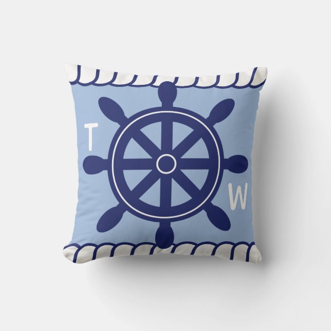 Nautical Captain's Wheel Add Name and Monogram Cushion (Front)