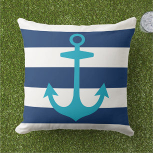 Nautical Caribbean Blue Anchor with Navy Stripes Cushion