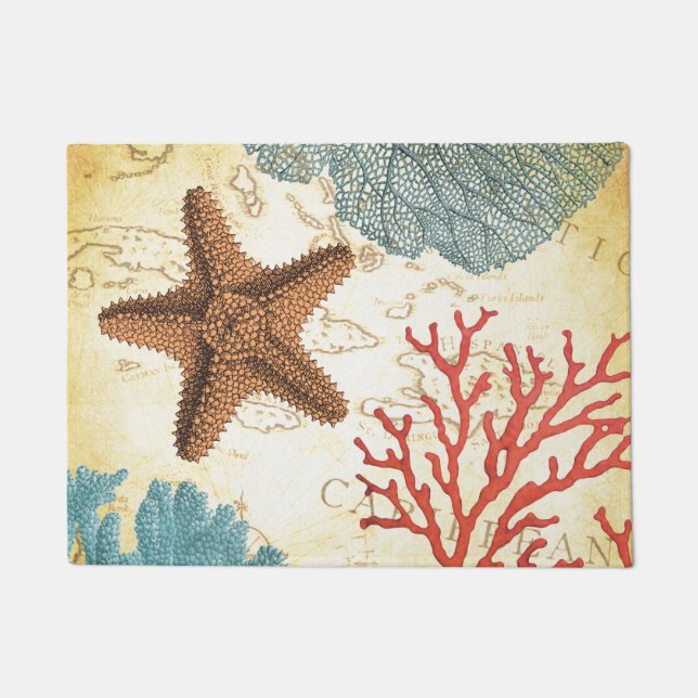 Nautical Caribbean Starfish Rustic Map and Coral Doormat (Front)