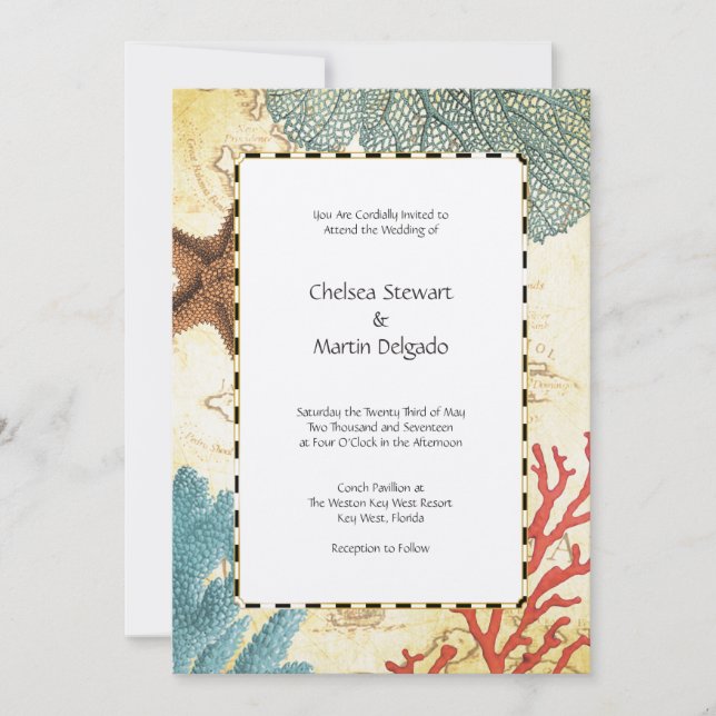 Nautical Caribbean Starfish Rustic Map and Coral Invitation (Front)