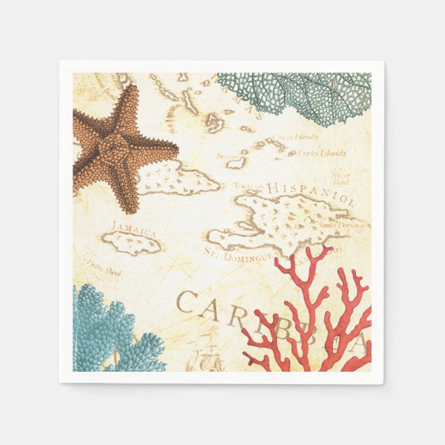 Nautical Caribbean Starfish Rustic Map and Coral Napkin (Front)