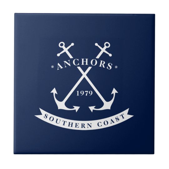 Nautical Ceramic Tile, Anchor Badge, Blue, White Ceramic Tile