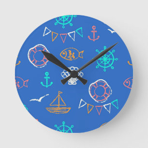 Nautical Chalk Drawing Pattern 1 Round Clock