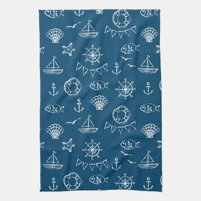 Nautical Chalk Drawing Pattern 2 Tea Towel (Vertical)