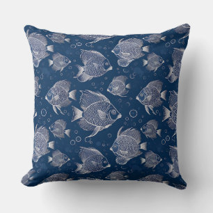 Nautical Charm Navy Blue with White Fish Cushion