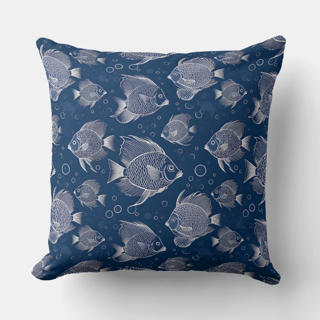 Nautical Charm Navy Blue with White Fish Cushion (Front)
