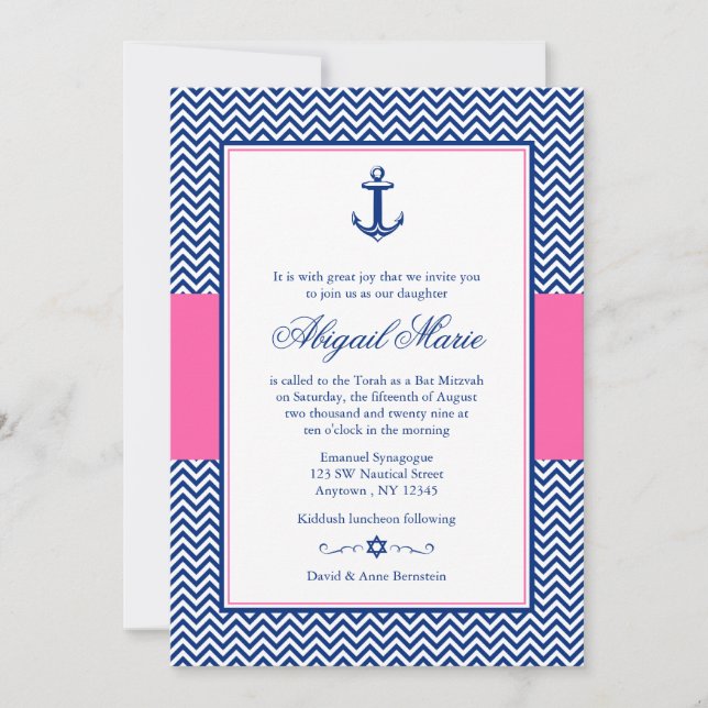 Nautical Chevron Anchor Blue Pink Bat Mitzvah Invitation (Front)