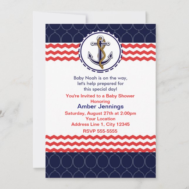 Nautical Chevron Anchor Blue Red Invitation Card (Front)