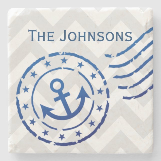 Nautical Chevron & Anchor Seal Stone Coaster (Front)