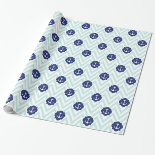 Nautical Chevron Navy Blue Anchors Pattern Wrapping Paper