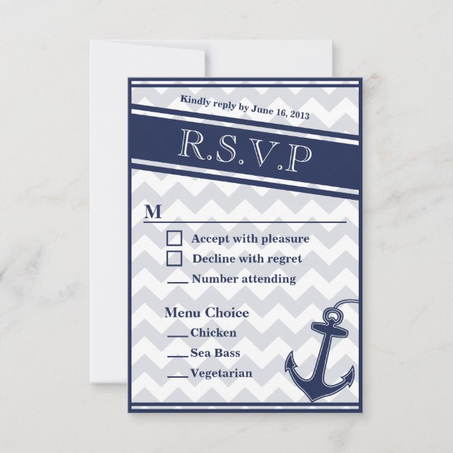Nautical chevron navy blue RSVP menu 3 choices (Front)