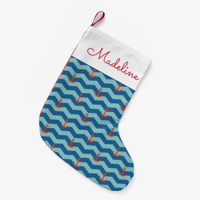 Nautical Chevron Pattern | Add Your Name Small Christmas Stocking (Front (Hanging))