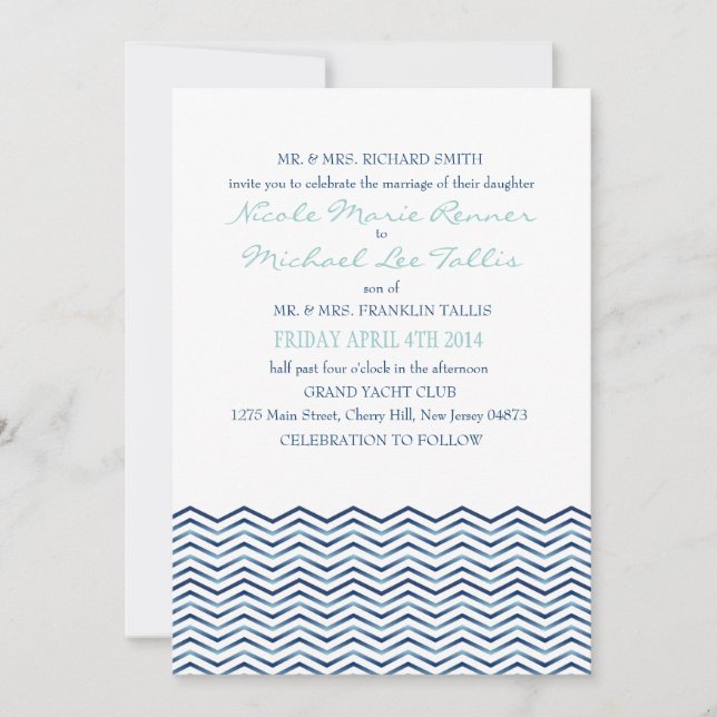 Nautical Chevron Waves Wedding Invitation (Front)