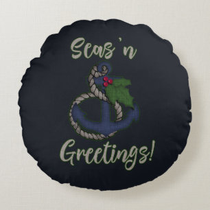 Nautical Christmas   Anchor and Holly Round Cushion