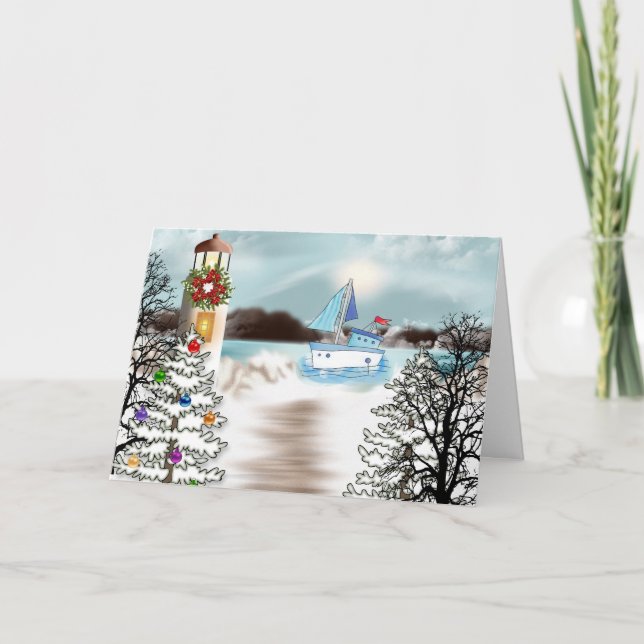 Nautical Christmas Card with Lighthouse (Front)