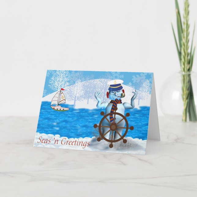 Nautical Christmas Card with Snowman and Sailboat (Front)