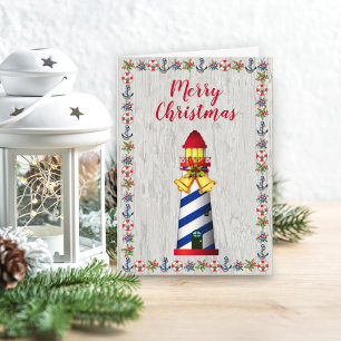 Nautical Christmas Driftwood Lighthouse Holiday Card