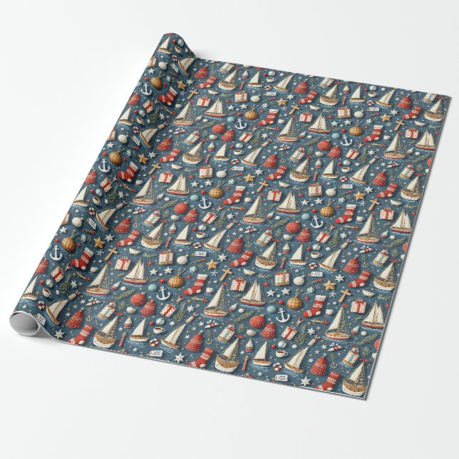 Nautical Christmas Gift Wrapping Paper  (Unrolled)