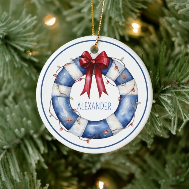 Nautical Christmas Life Preserver With Bow Ceramic Ornament (Tree)