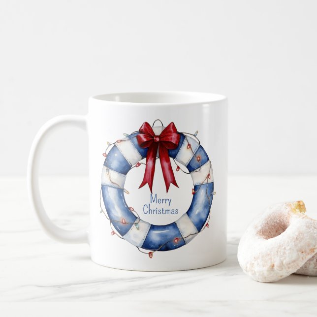 Nautical Christmas Life Preserver With Bow Coffee Mug (With Donut)