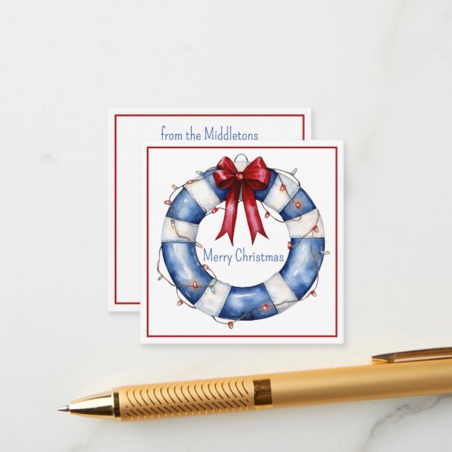 Nautical Christmas Life Preserver With Bow Enclosure Card (Front/Back In Situ)