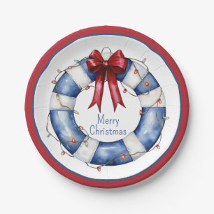 Nautical Christmas Life Preserver With Bow Paper Plate