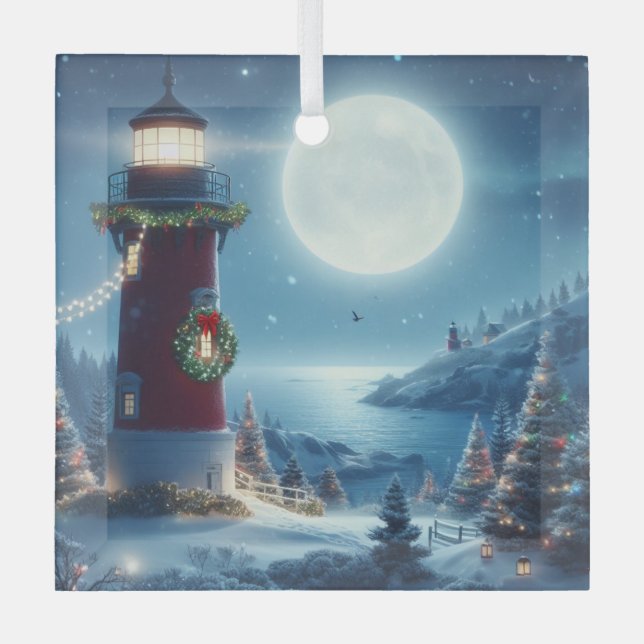 Nautical Christmas lighthouse Glass Tree Decoration (Front)