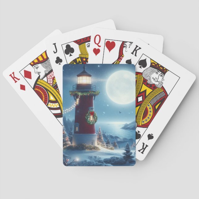 Nautical Christmas lighthouse Playing Cards (Back)