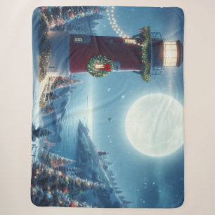 Nautical Christmas lighthouse Sherpa Blanket