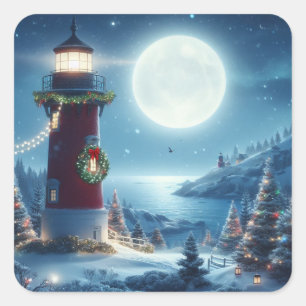 Nautical Christmas lighthouse Square Sticker