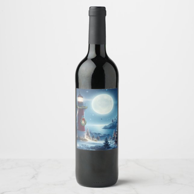 Nautical Christmas lighthouse Wine Label (Front)