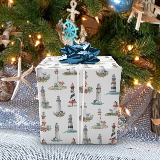 Nautical Christmas Lighthouses White Wrapping Paper (Creator Uploaded)
