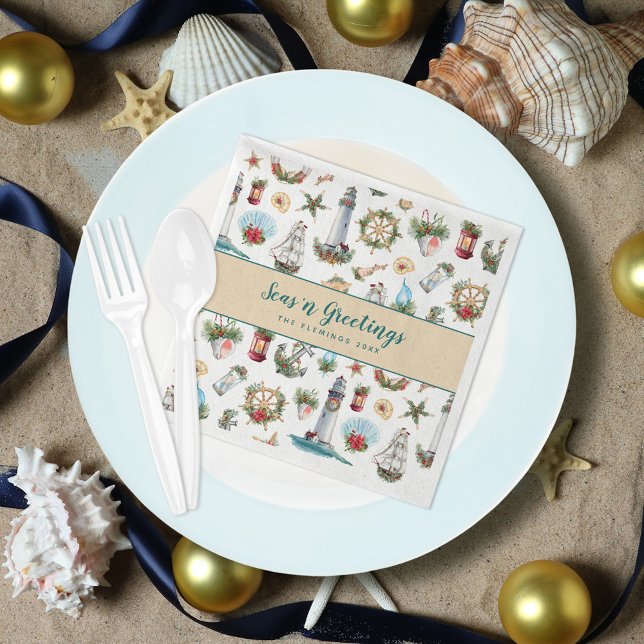 Nautical Christmas Seas n Greetings Personalised Napkin (Creator Uploaded)