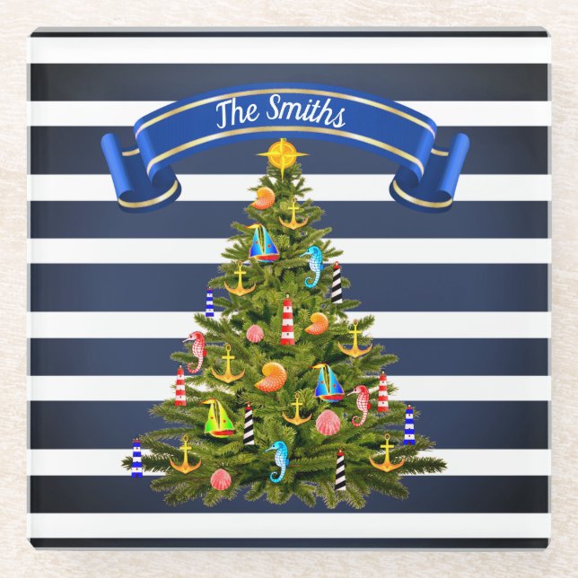 Nautical Christmas Tree Custom Glass Coaster (Front)