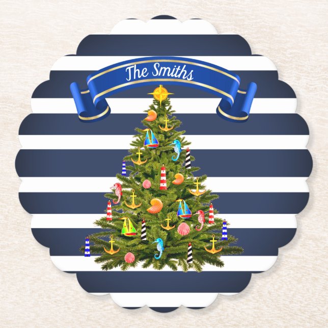 Nautical Christmas Tree Custom Paper Coaster (Front)