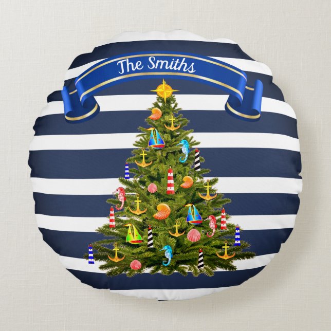 Nautical Christmas Tree Custom Round Cushion (Front)