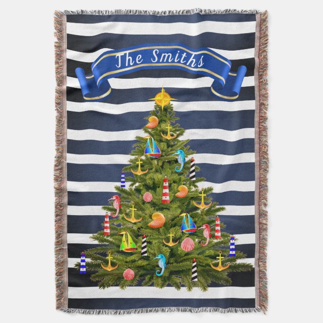 Nautical Christmas Tree Custom Throw Blanket (Front Vertical)