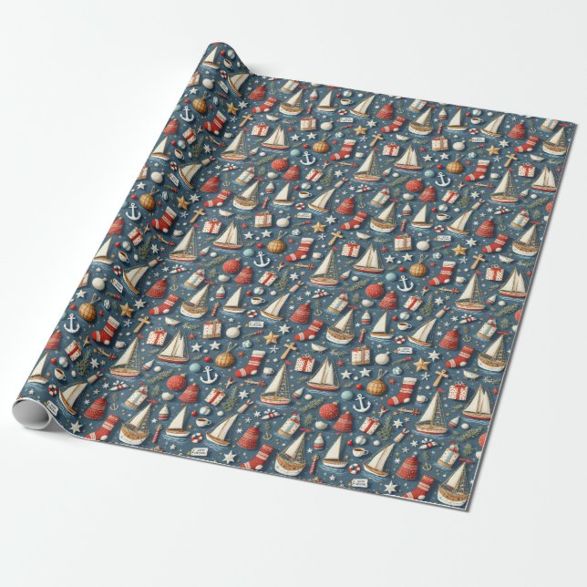 Nautical Christmas Wrapping Paper (Unrolled)