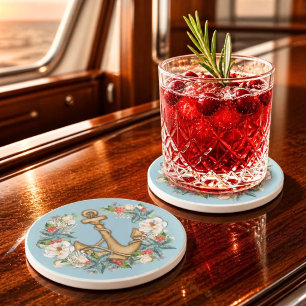 Nautical Christmas Wreath & Anchor Light Teal Coaster