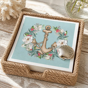 Nautical Christmas Wreath & Anchor Light Teal Napkin