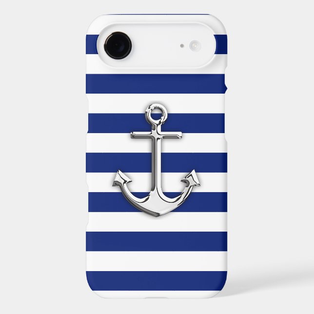 Nautical Chrome Anchor on Navy Stripes Case-Mate iPhone Case (Back)