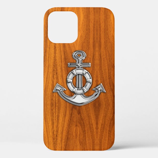 Nautical Chrome Anchor on Teak Wood Print Case-Mate iPhone Case (Back)