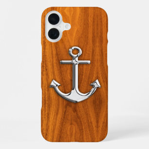 Nautical Chrome Anchor on Teak Wood Print iPhone Case