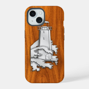 Nautical Chrome Lighthouse on Teak Wood Print iPhone 15 Case