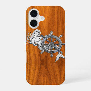 Nautical Chrome Mermaid on Teak Wood Print iPhone 16 Case