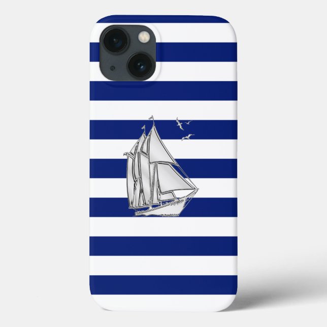 Nautical Chrome Sail Boat on Navy Stripes Print Case-Mate iPhone Case (Back)