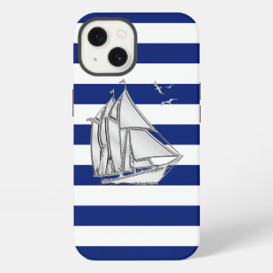Nautical Chrome Sail Boat on Navy Stripes Print iPhone Case