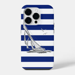 Nautical Chrome Sail Boat on Navy Stripes Print iPhone Case